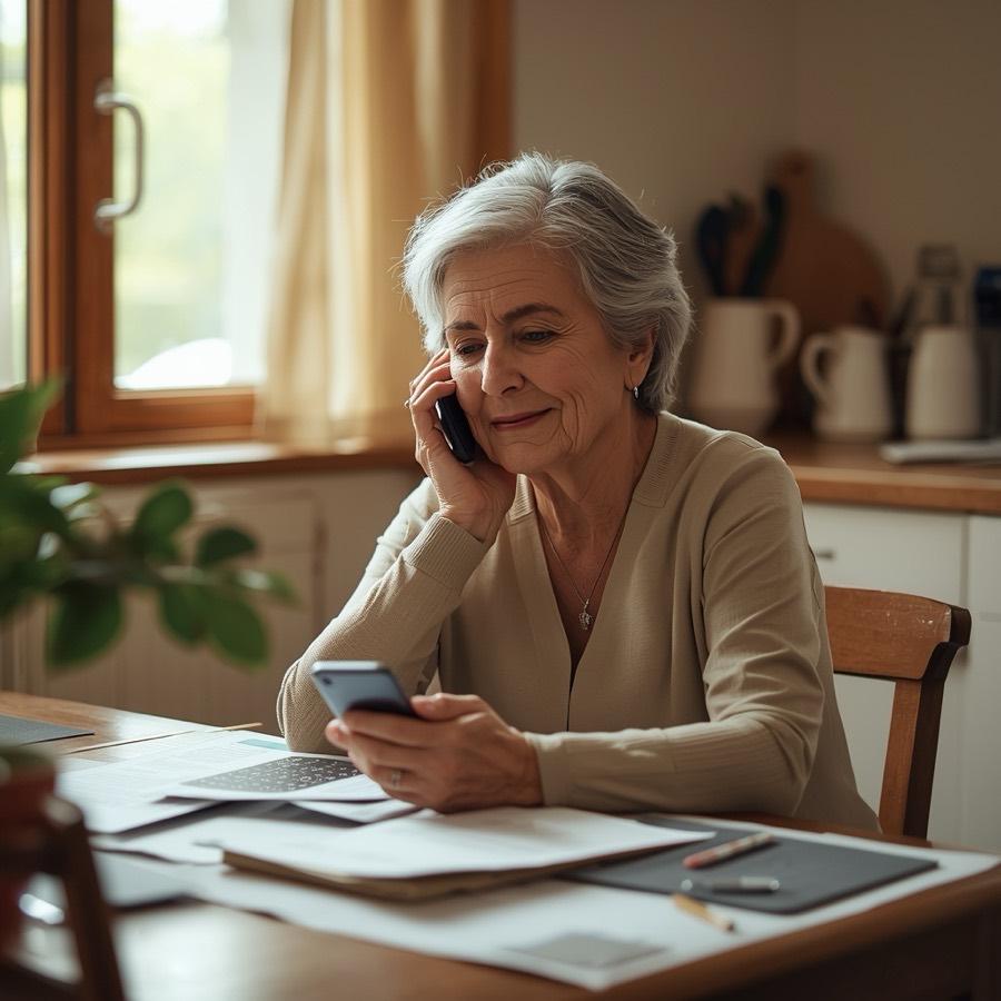Une femme âgée au téléphone, paperasse sur la table de cuisine